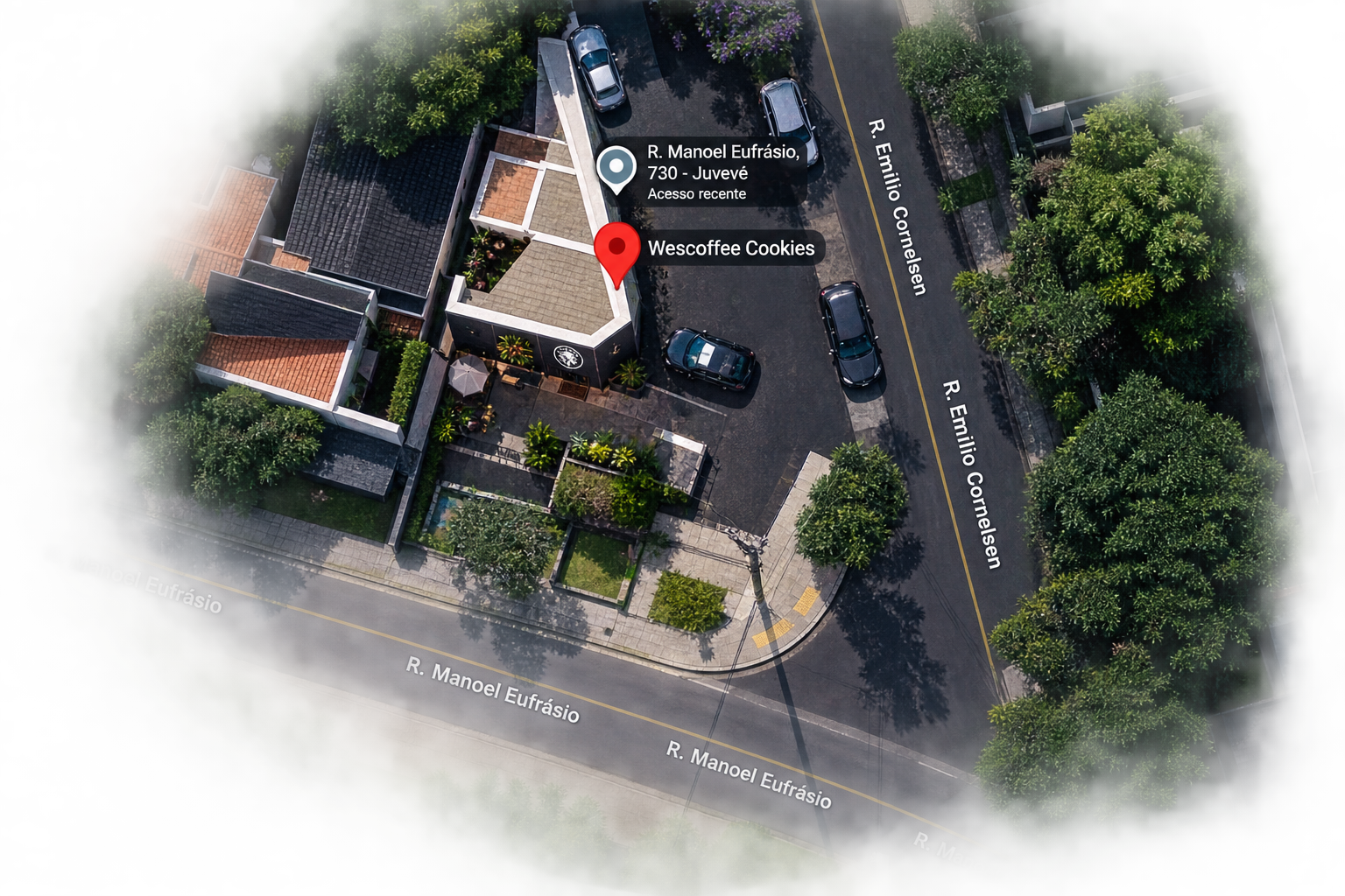Mapa aéreo mostrando a localização da Wescoffee Cookies na Rua Manoel Eufrásio, 730, Juvevê